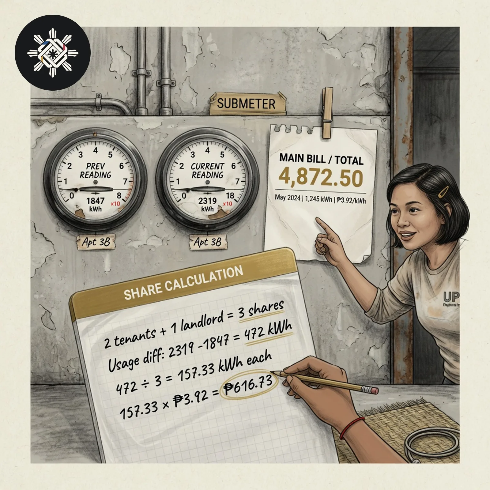 Two meter readings and a master bill leading into a clear share calculation, shown in Pinoy AI Works artwork