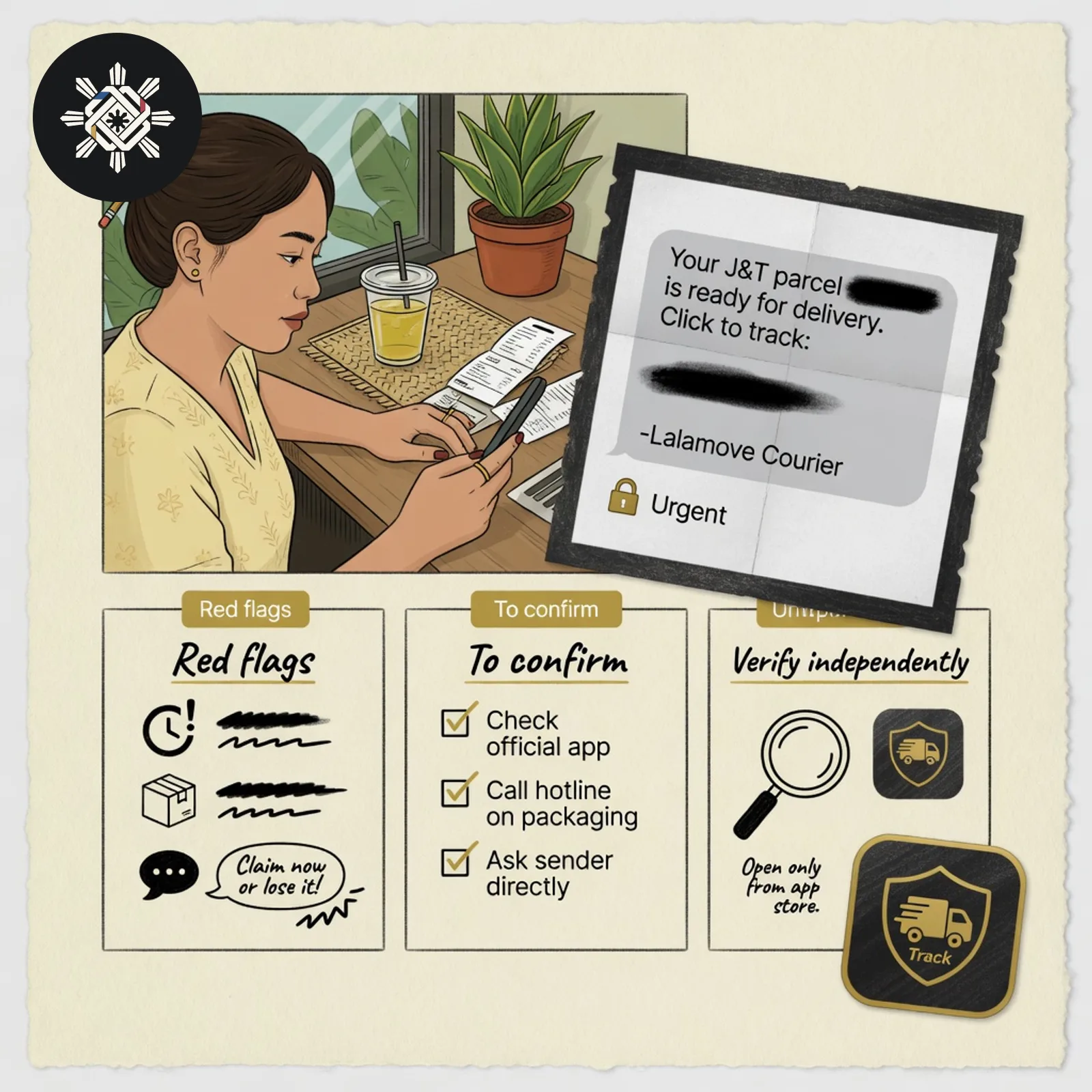 A redacted SMS card with red-flag, to-confirm, and verify-independently panels, shown in Pinoy AI Works artwork