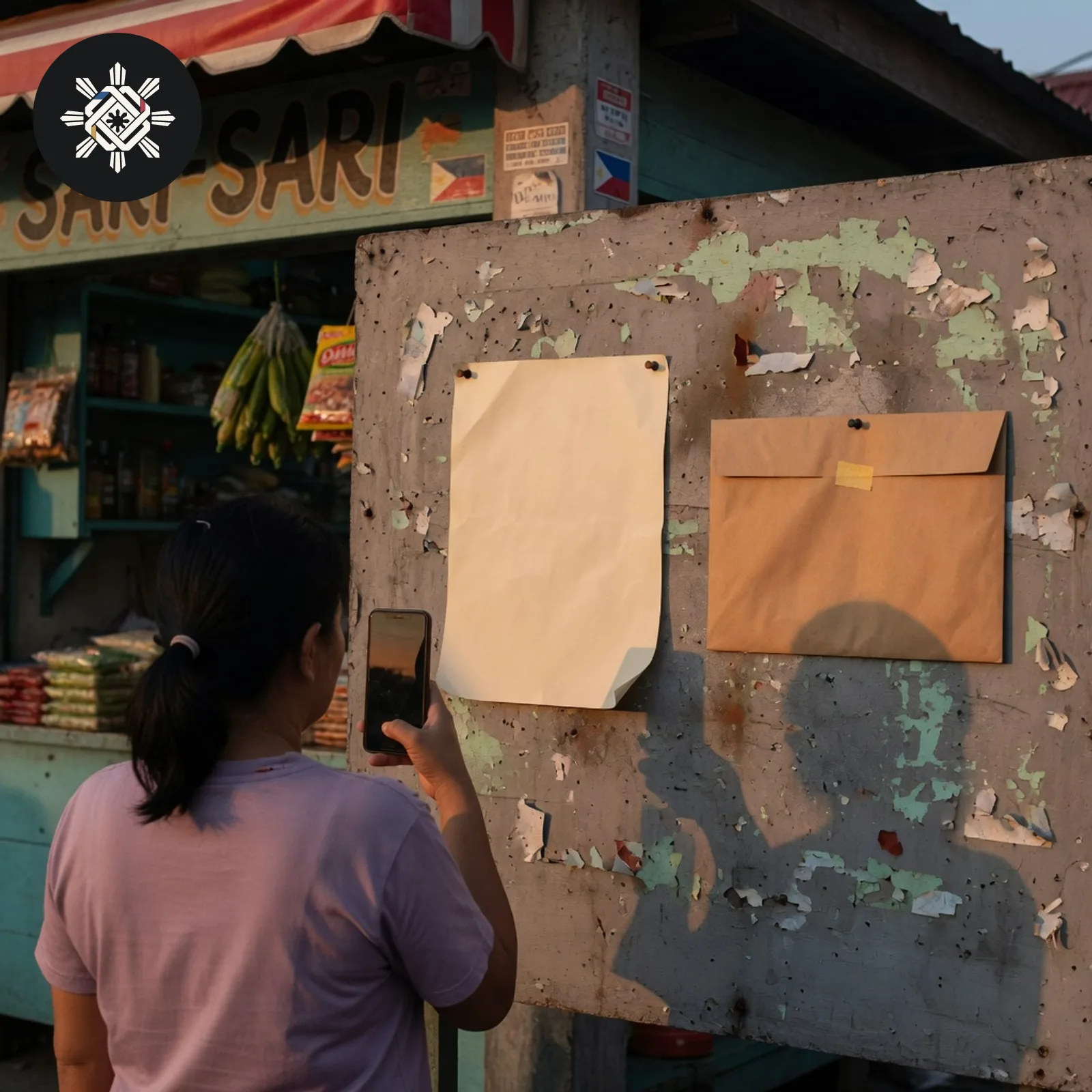 A community bulletin board at dusk with a blank poster and a closed envelope, shown in Pinoy AI Works artwork