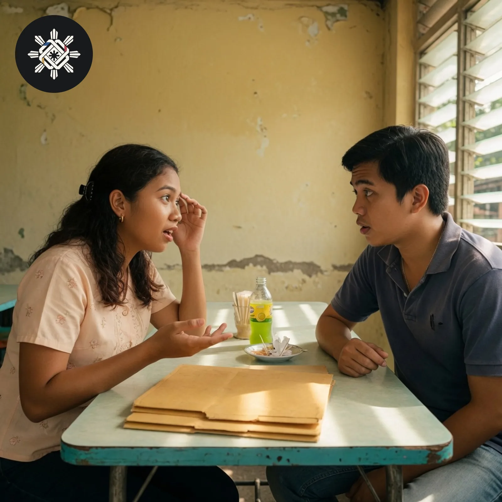 Two people talking across a canteen table with two closed folders, shown in Pinoy AI Works artwork