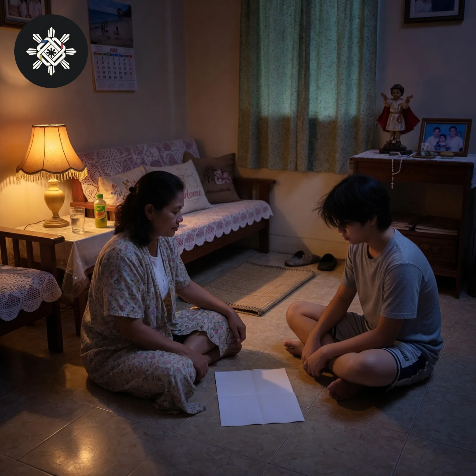 A parent and a teenager sitting on the floor with one folded blank paper between them, shown in Pinoy AI Works artwork