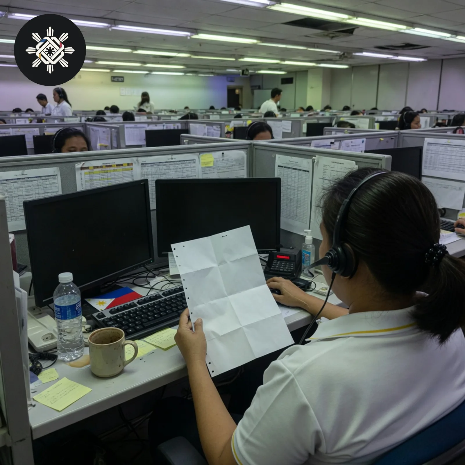 A person on a BPO floor holding a folded payslip, shown in Pinoy AI Works artwork