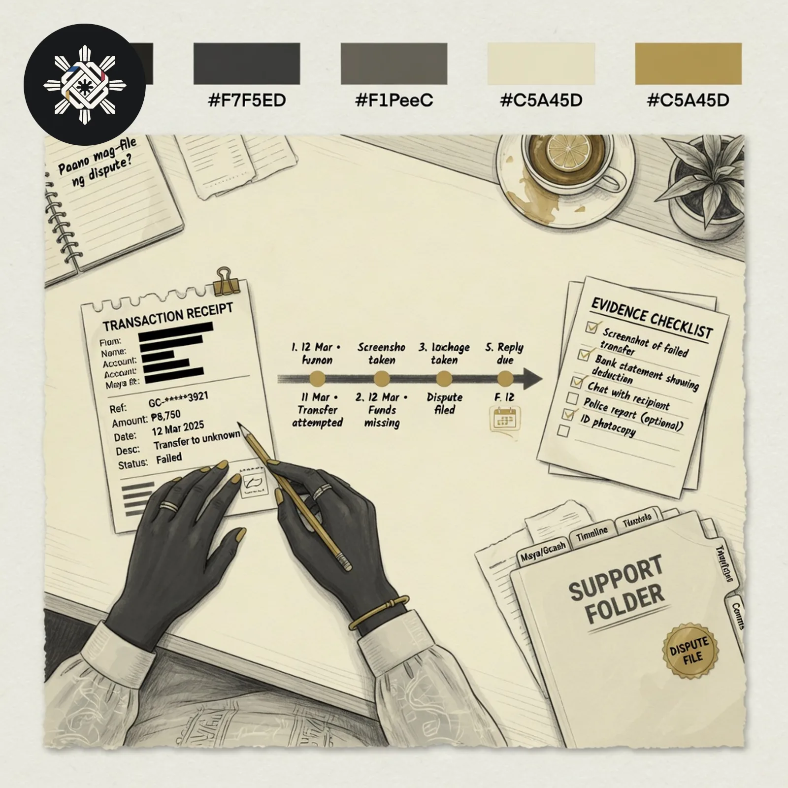 A redacted transaction slip beside a timeline checklist, shown in Pinoy AI Works artwork