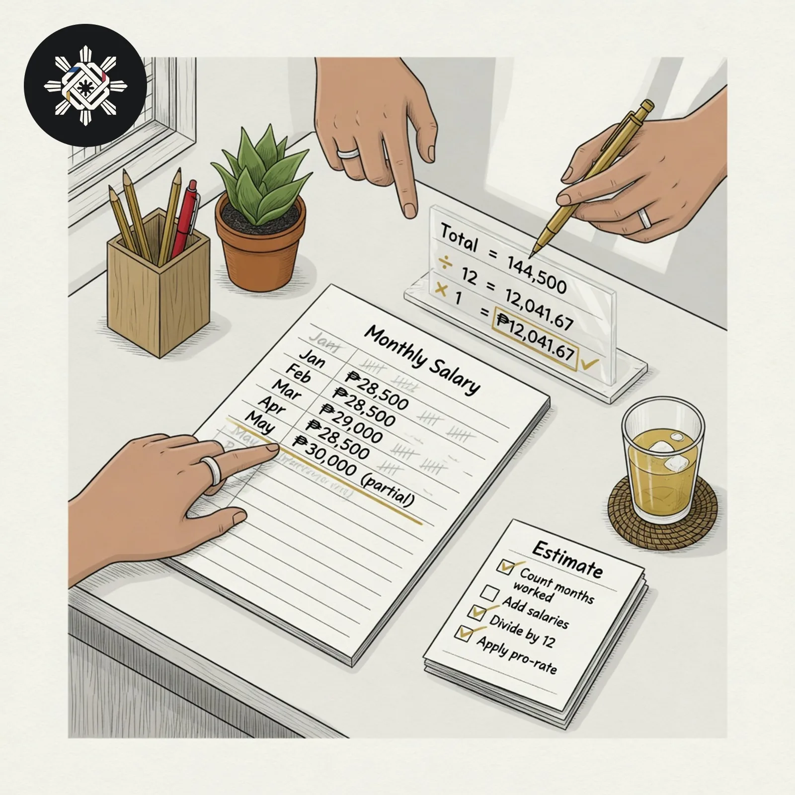 A monthly salary table leading into a clear arithmetic total, shown in Pinoy AI Works artwork