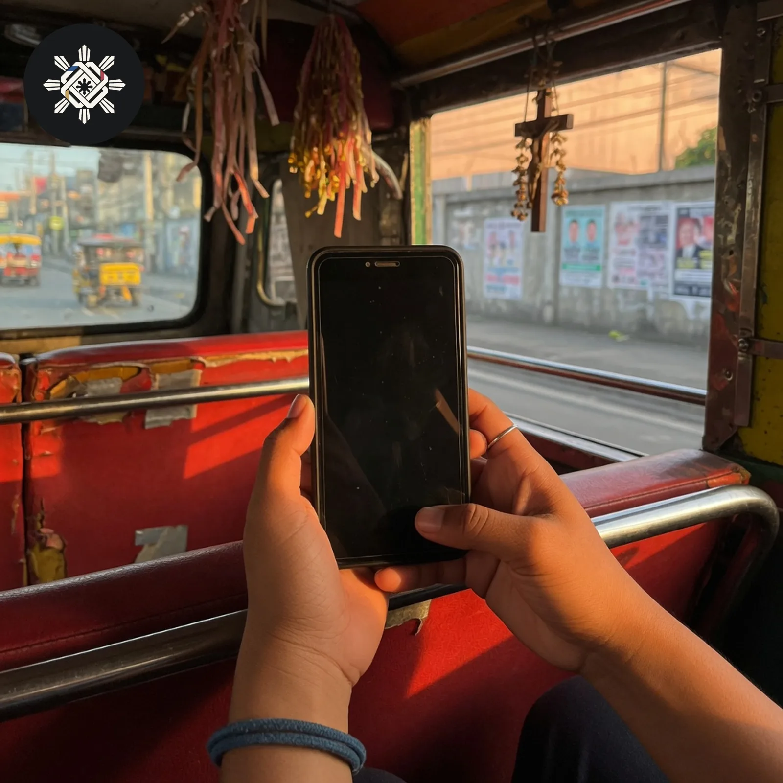 Hands holding a phone with a dark blank screen inside a jeepney, shown in Pinoy AI Works artwork