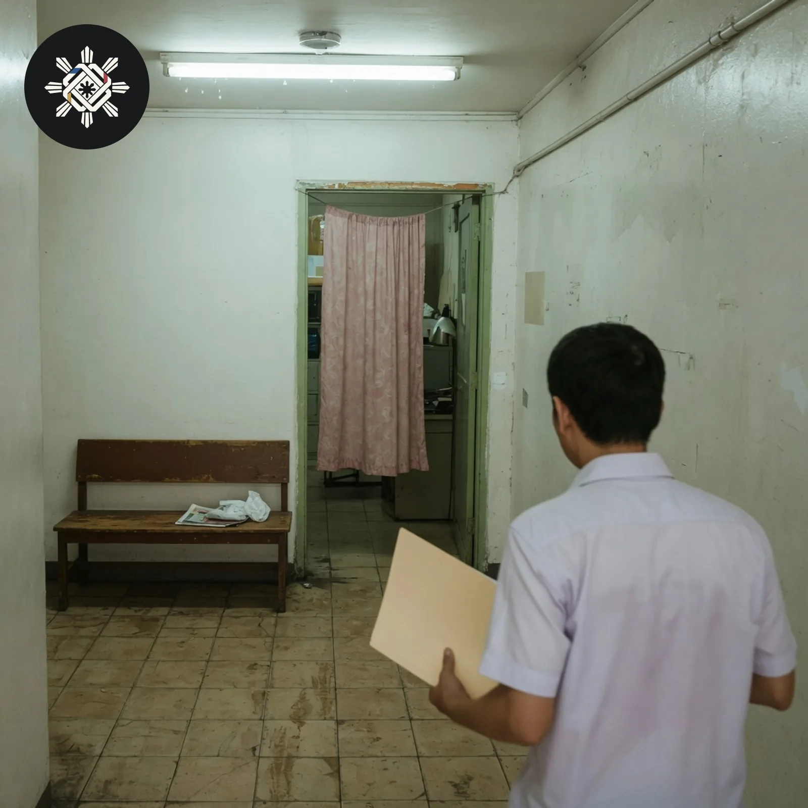 A person carrying a blank folder toward an office doorway, shown in Pinoy AI Works artwork