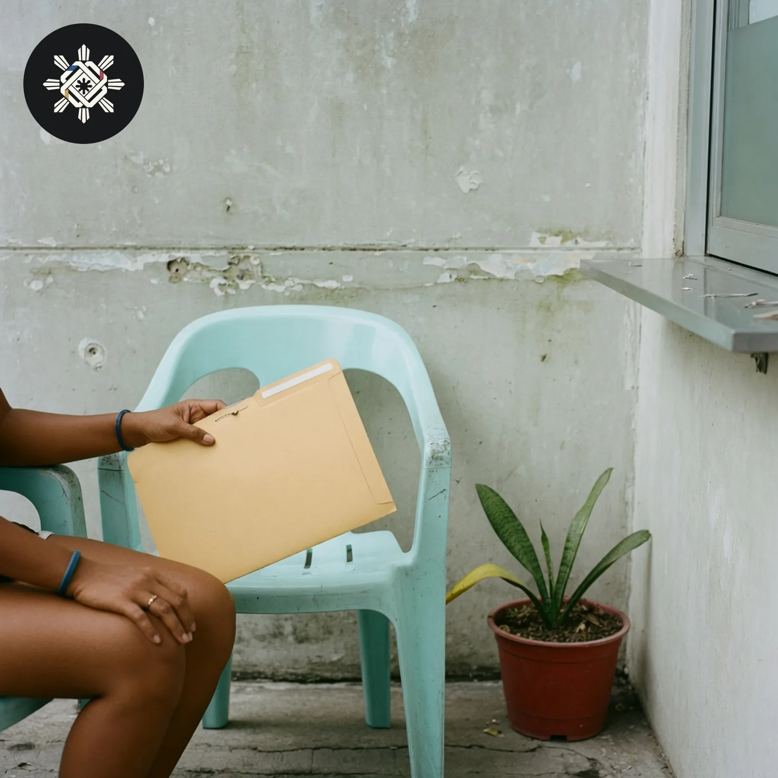 Hands holding a blank folder outside a hospital window, shown in Pinoy AI Works artwork