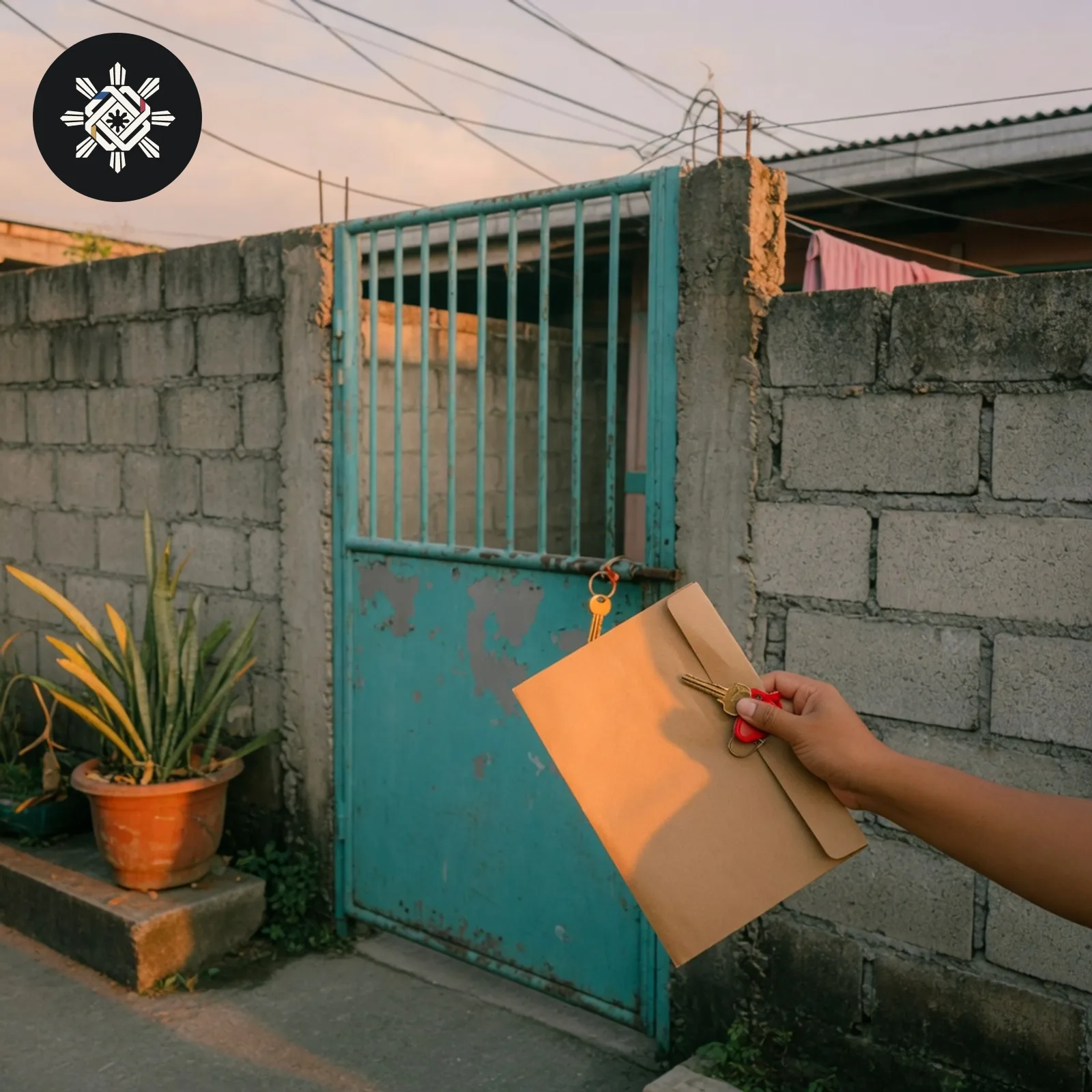 A hand holding a house key and a blank folder at a residential gate, shown in Pinoy AI Works artwork