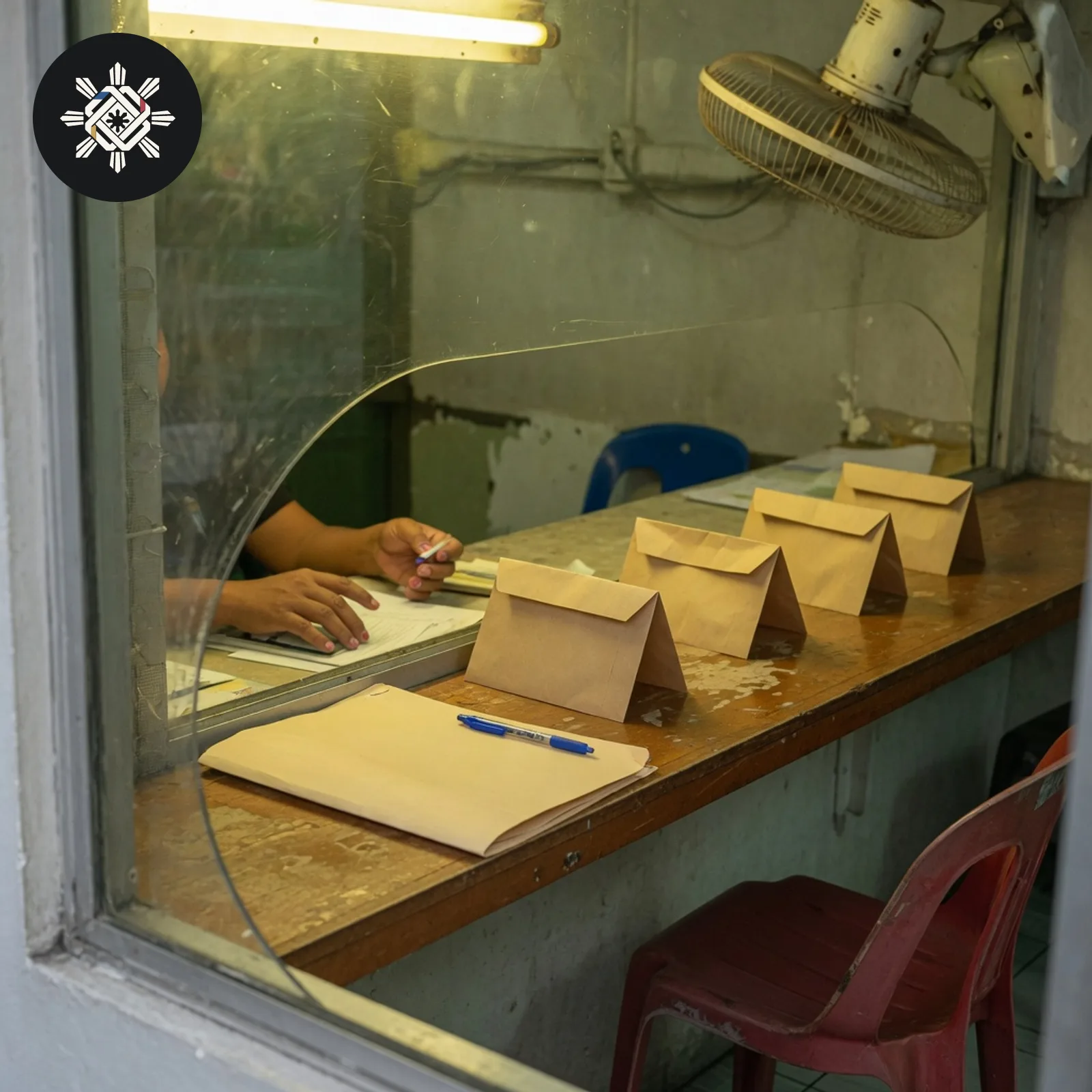 A barangay hall service window with three blank envelopes on the counter, shown in Pinoy AI Works artwork