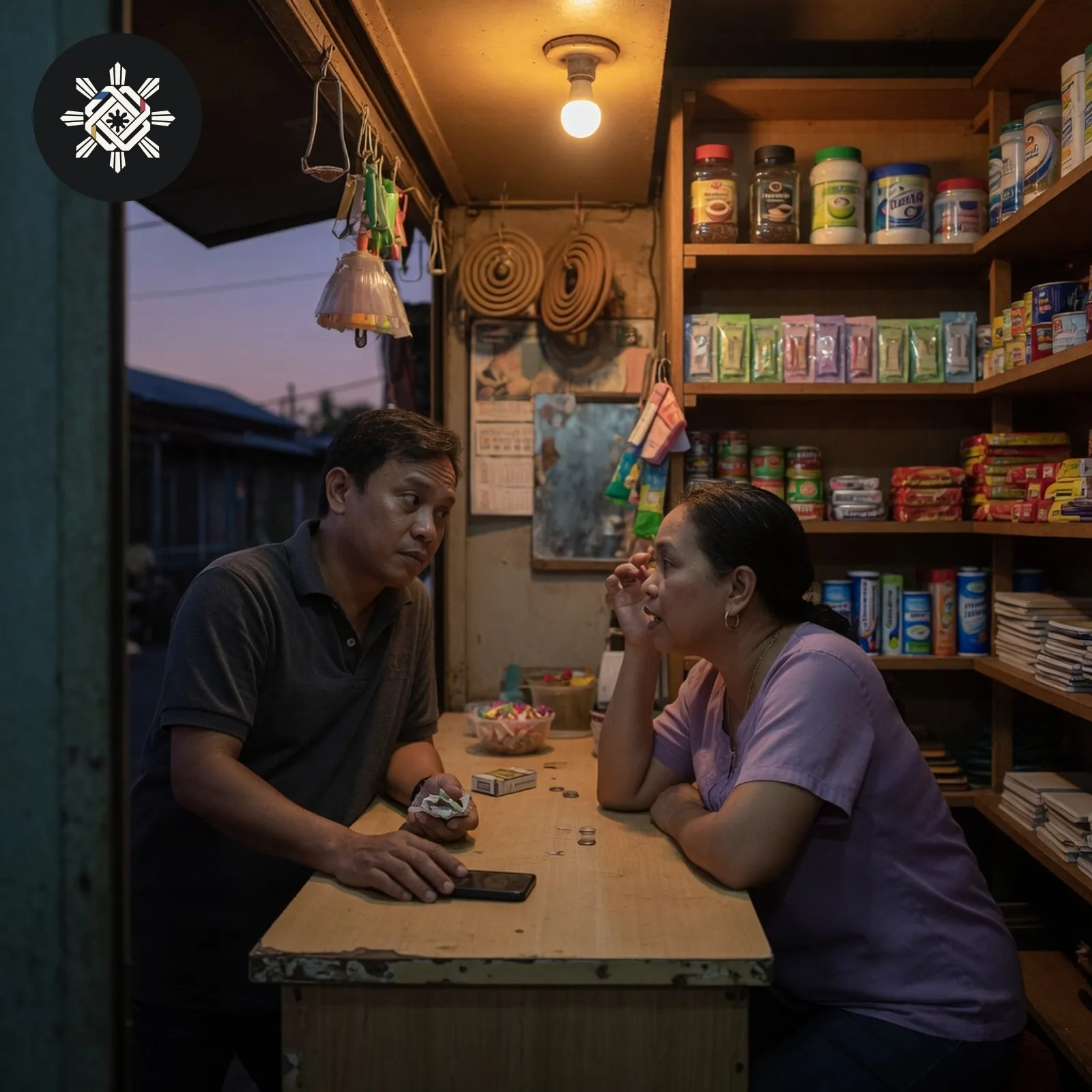 Two people talking across a sari-sari store counter at dusk, shown in Pinoy AI Works artwork