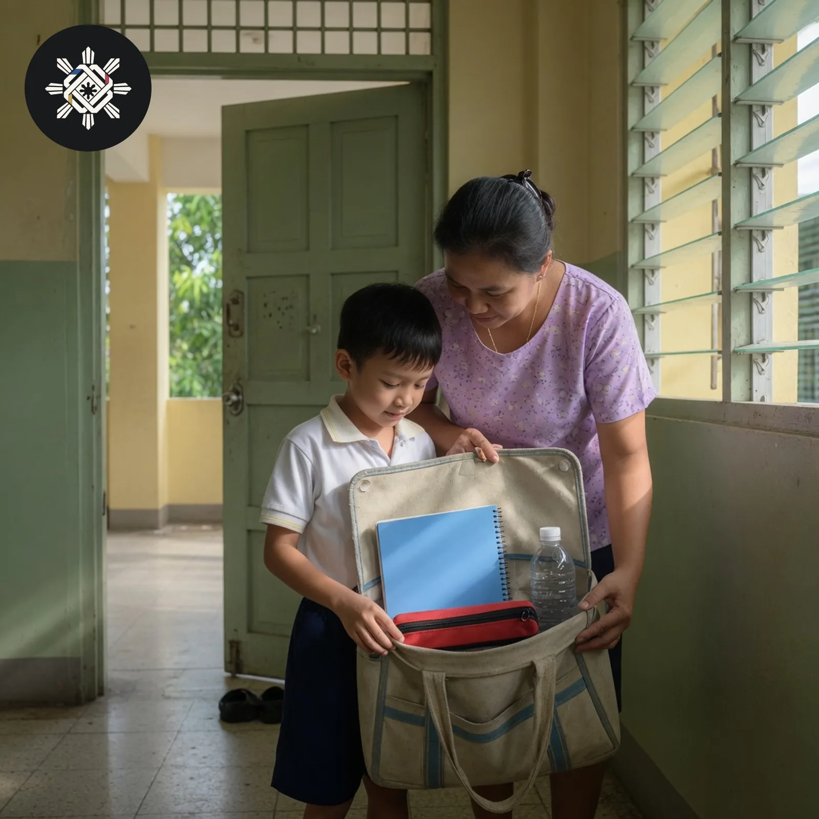 A parent and a child looking into an open school bag in a classroom doorway, shown in Pinoy AI Works artwork