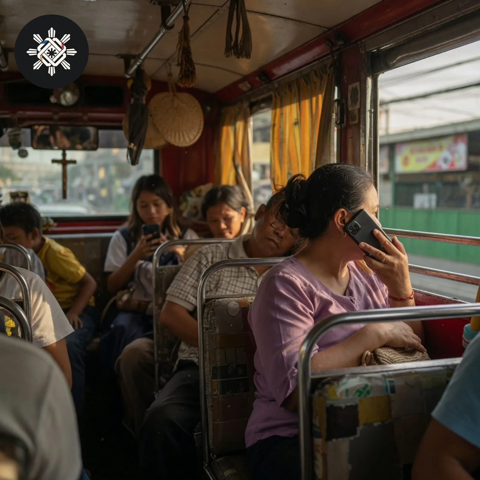 A parent on a jeepney holding a phone to one ear in afternoon light, shown in Pinoy AI Works artwork