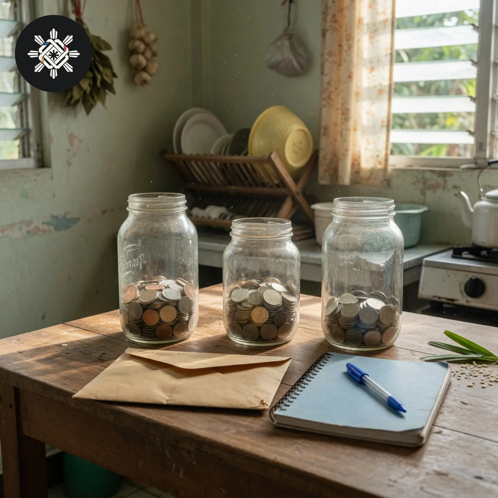 A kitchen table in morning light with coin jars and a closed envelope, shown in Pinoy AI Works artwork