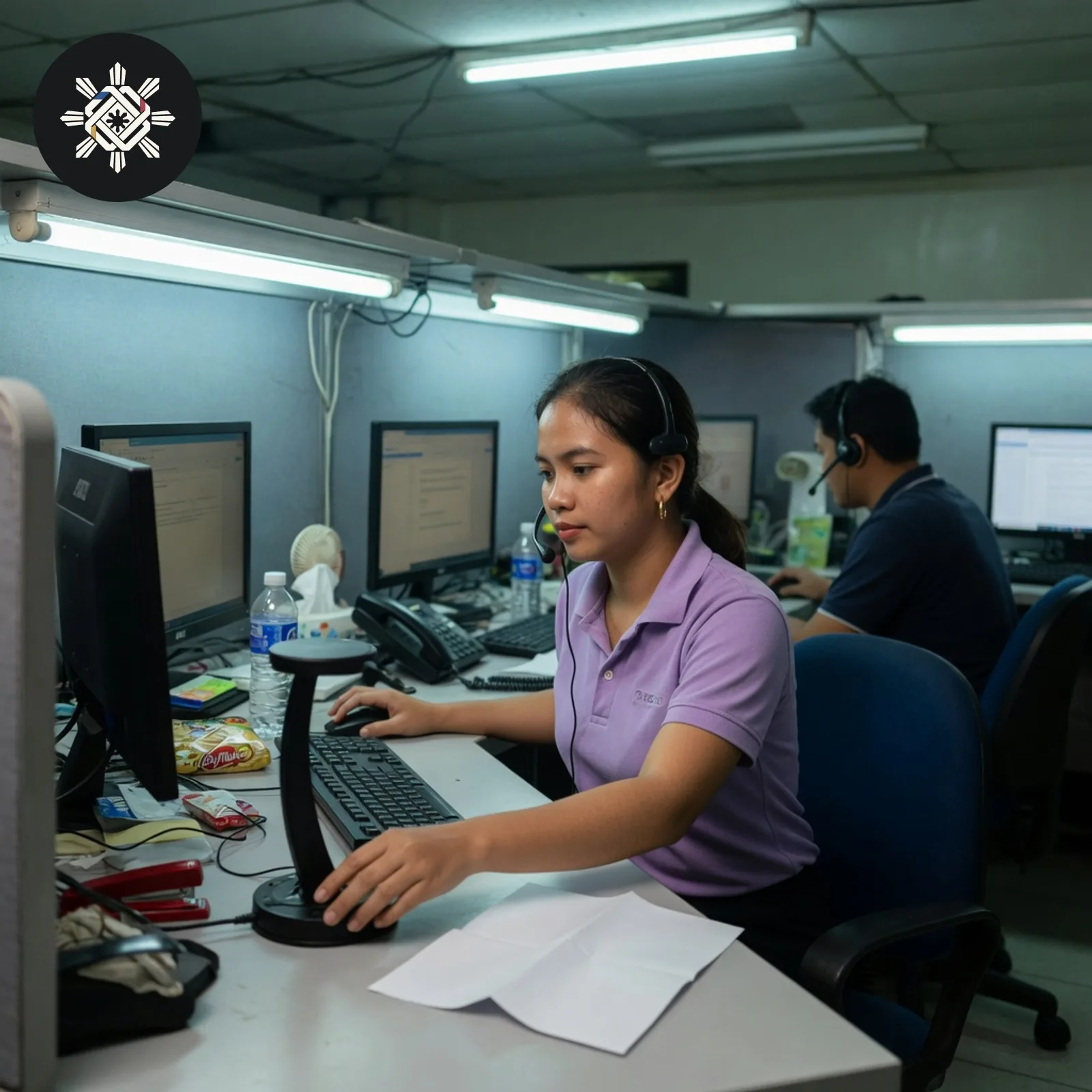 A call-center agent in a headset setting a blank folded note on a shared desk, shown in Pinoy AI Works artwork