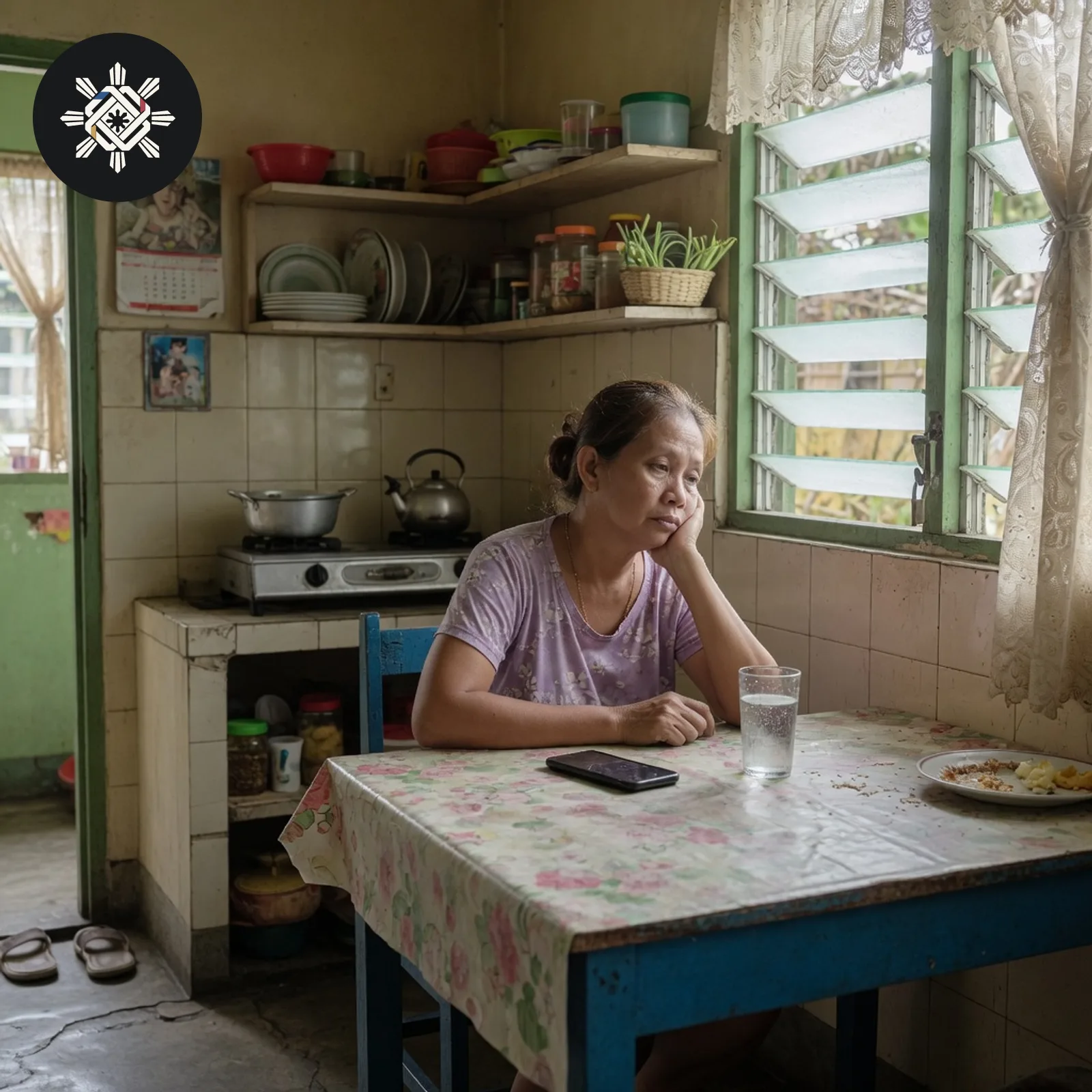 A person at a kitchen table in the morning with a phone face-down and a glass of water, shown in Pinoy AI Works artwork