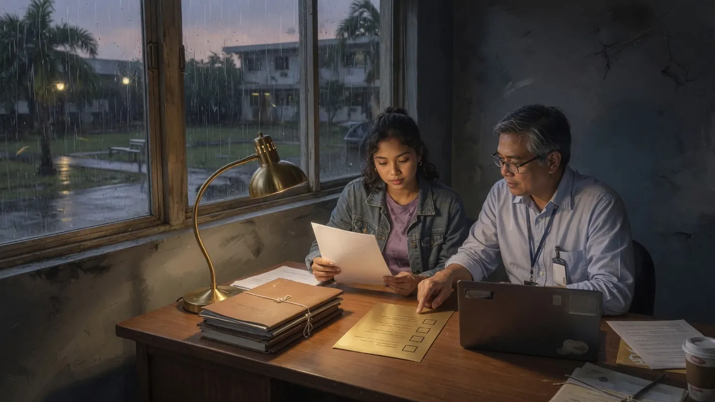 Pinoy AI Works illustration of a student and a teacher reviewing a blank checklist at a rainy campus desk, with folders and a laptop set aside.