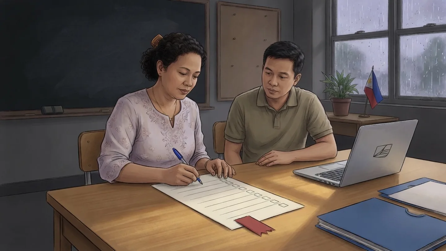 Pinoy AI Works illustration of a teacher and a parent reviewing a blank checklist in a rainy classroom, with a laptop set aside.