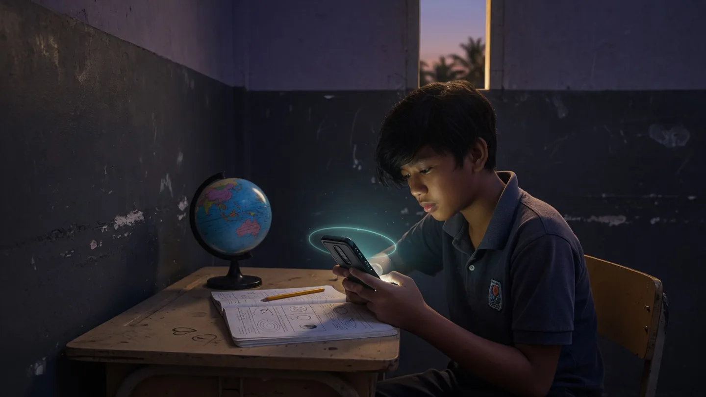 Filipino student using a phone for an offline science lesson with study materials nearby.