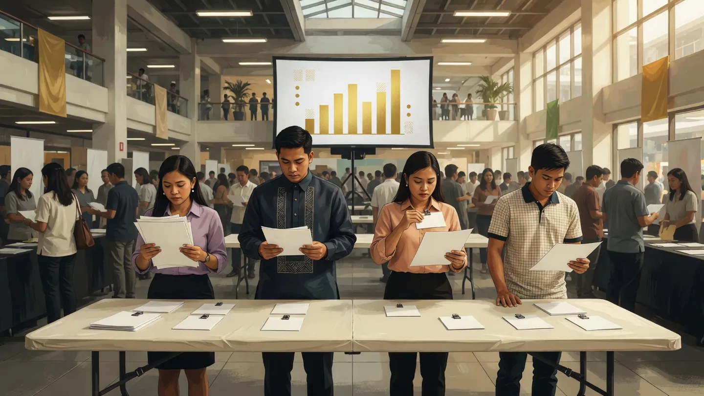 Pinoy AI Works illustration of Filipino jobseekers reviewing blank resumes at a registration table inside a bright convention hall.