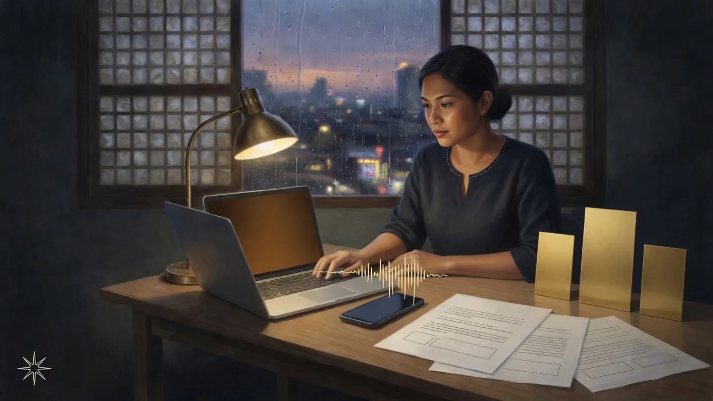 Pinoy AI Works illustration of a Filipino job seeker preparing an online application at a desk, with a phone sound wave, blank résumé pages, and gold cards of different heights.
